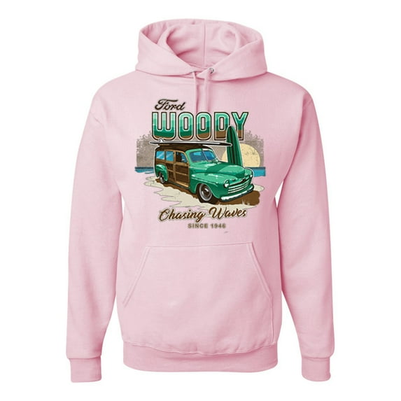 Wild Bobby, 1946 Vintage Ford Woody Chasing Waves Cars and Trucks Unisex Graphic Hoodie Sweatshirt, Light Pink, 2XL