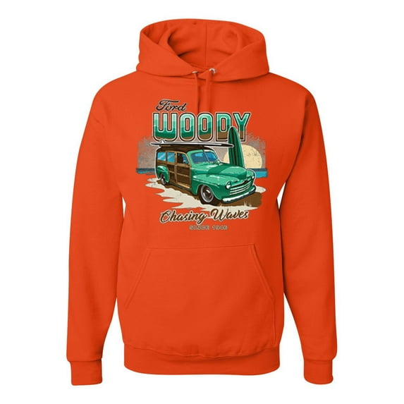 Wild Bobby, 1946 Vintage Ford Woody Chasing Waves Cars and Trucks Unisex Graphic Hoodie Sweatshirt, Orange, Large