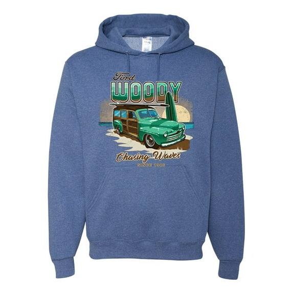 Wild Bobby, 1946 Vintage Ford Woody Chasing Waves Cars and Trucks Unisex Graphic Hoodie Sweatshirt, Vintage Heather Blue, 2XL