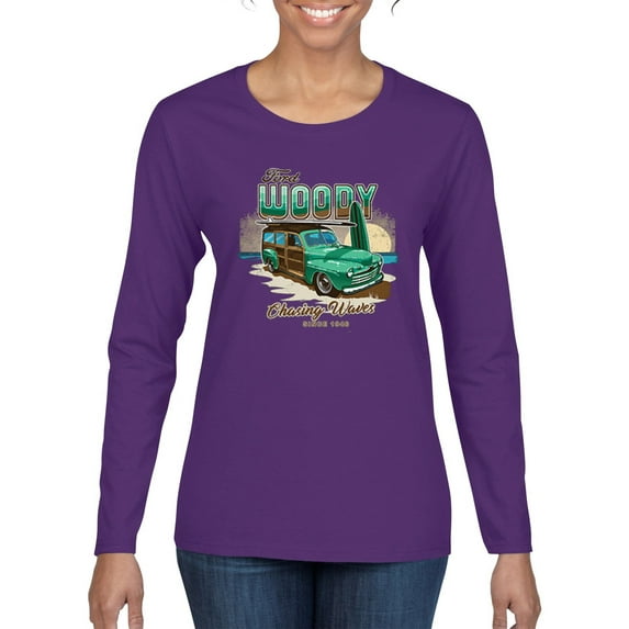 Wild Bobby, 1946 Vintage Ford Woody Chasing Waves Cars and Trucks Womens Graphic Long Sleeve T-Shirt, Purple, X-Large
