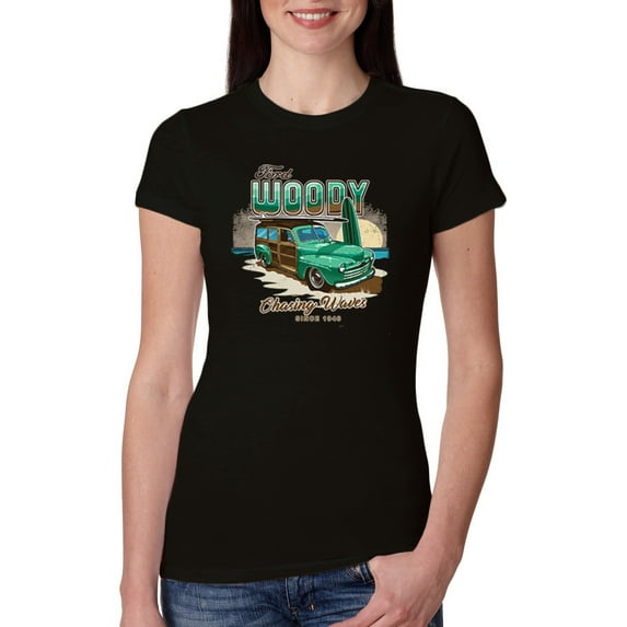 Wild Bobby, 1946 Vintage Ford Woody Chasing Waves Cars and Trucks Womens Slim Fit Junior Tee, Black, Small