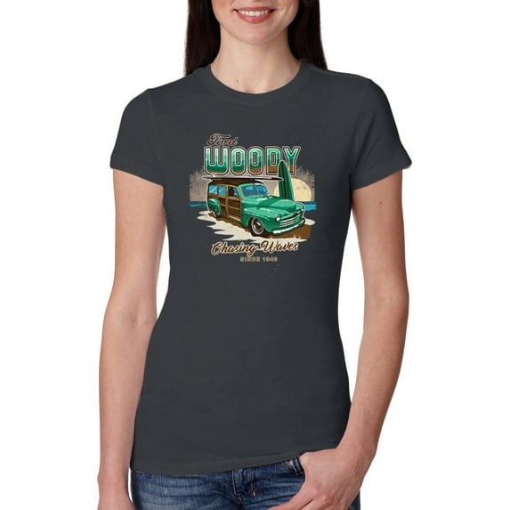 Wild Bobby, 1946 Vintage Ford Woody Chasing Waves Cars and Trucks Womens Slim Fit Junior Tee, Dark Grey, Small