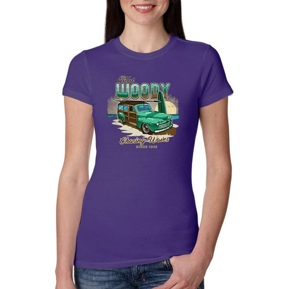 1946 Vintage Ford Woody Chasing Waves Cars and Trucks Womens Slim Fit Junior Tee, Purple Rush, 2XL