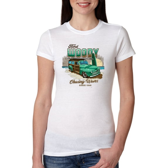 1946 Vintage Ford Woody Chasing Waves Cars and Trucks Womens Slim Fit Junior Tee, White, Medium