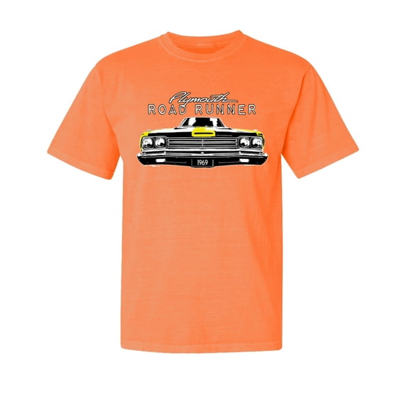 Wild Bobby, 1969 Plymouth Road Runner Hot Rod Racing, Cars and Trucks, Garment-Dyed Washed Look Short Sleeve Tees, Neon Orange, Medium