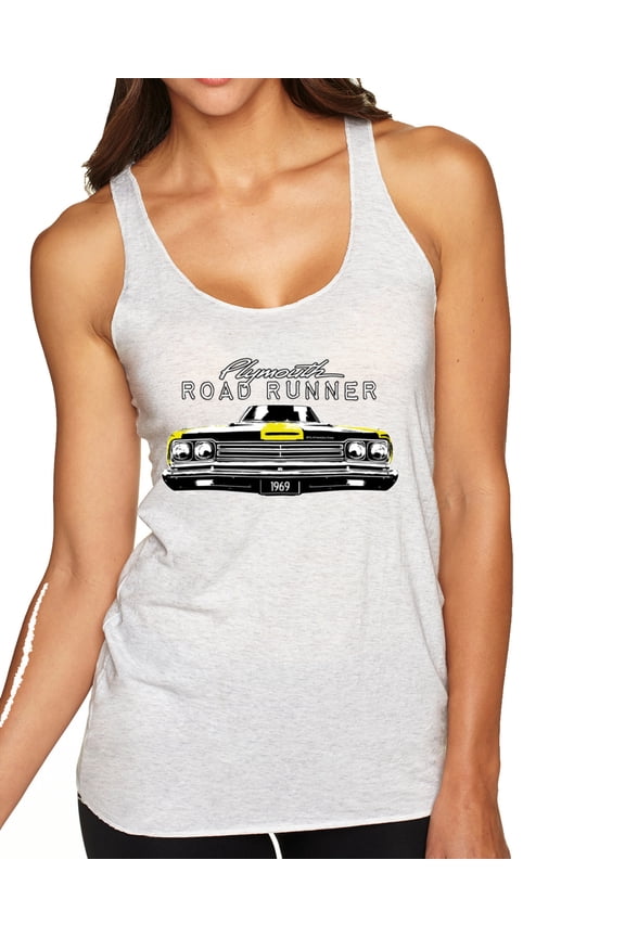 , 1969 Plymouth Road Runner Hot Rod Racing | Womens Cars and Trucks Premium Tri-Blend Racerback Tank Top, Heather White, Medium