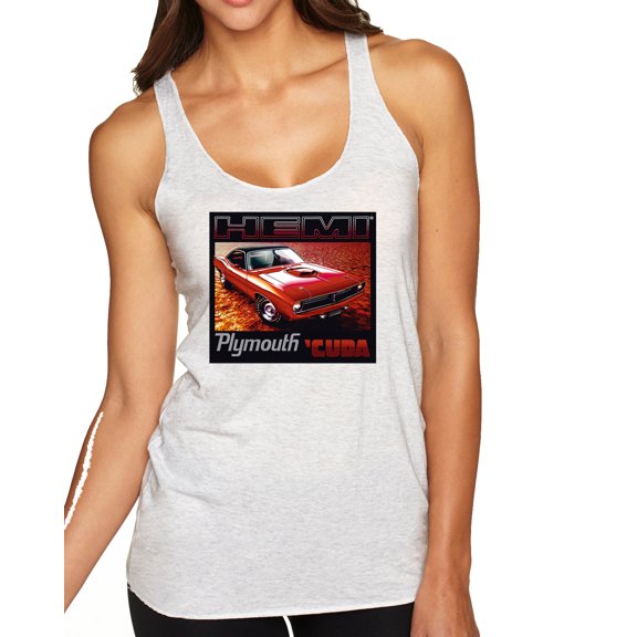 Wild Bobby, 1971 Hemi Plymouth Cuda American Muscle Car | Womens Cars and Trucks Premium Tri-Blend Racerback Tank Top, Heather White, Small
