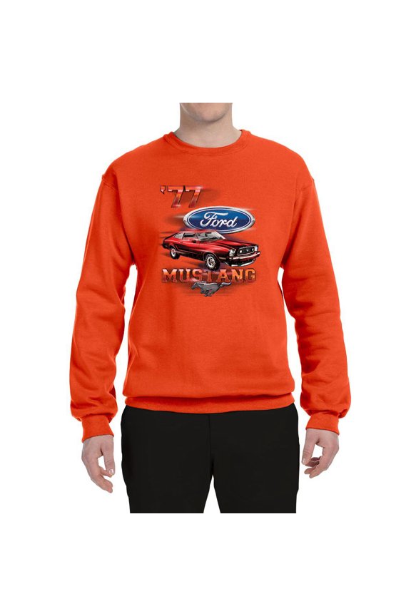 , 1977 Ford Motors 77 Mustang Silhouette, Cars and Trucks, Unisex Crewneck Graphic Sweatshirt, Orange, Small