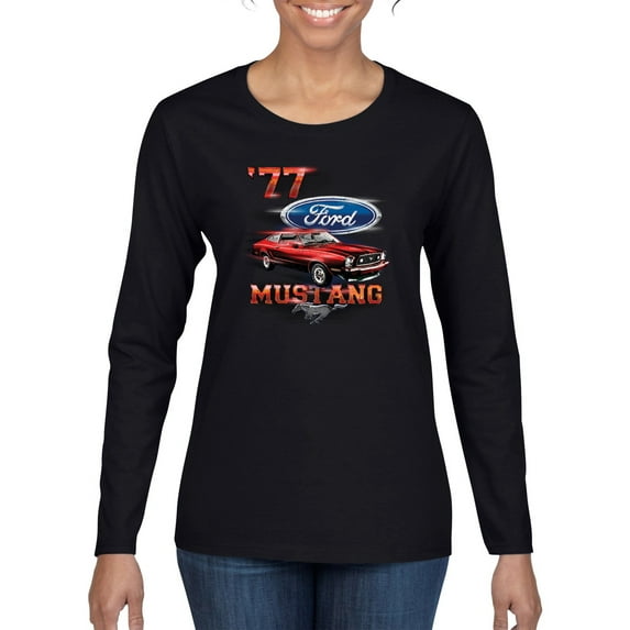 Wild Bobby, 1977 Ford Motors 77 Mustang Silhouette, Cars and Trucks, Women Graphic Long Sleeve Tee, Black, Small