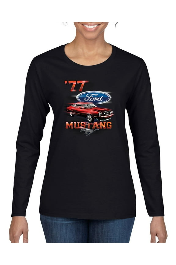 , 1977 Ford Motors 77 Mustang Silhouette, Cars and Trucks, Women Graphic Long Sleeve Tee, Black, Small