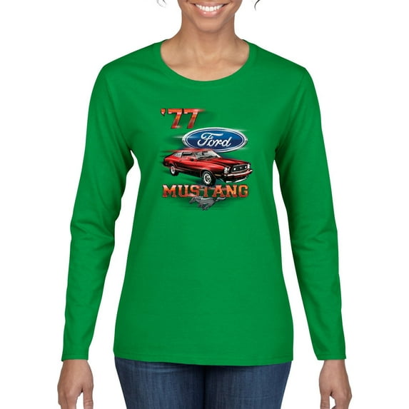 Wild Bobby, 1977 Ford Motors 77 Mustang Silhouette, Cars and Trucks, Women Graphic Long Sleeve Tee, Kelly, X-Large