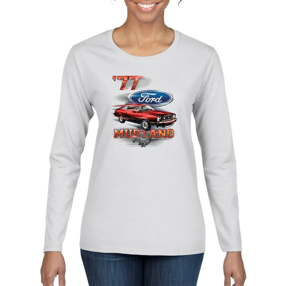 Wild Bobby, 1977 Ford Motors 77 Mustang Silhouette, Cars and Trucks, Women Graphic Long Sleeve Tee, White, X-Large