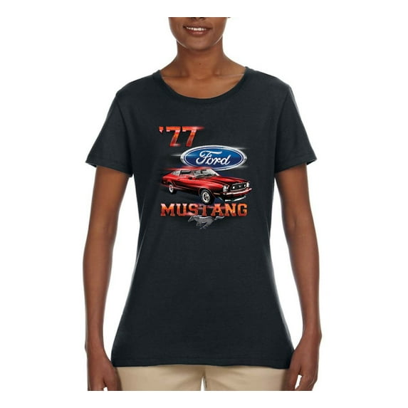 Wild Bobby, 1977 Ford Motors 77 Mustang Silhouette, Cars and Trucks, Women Graphic Tee, Black, Small