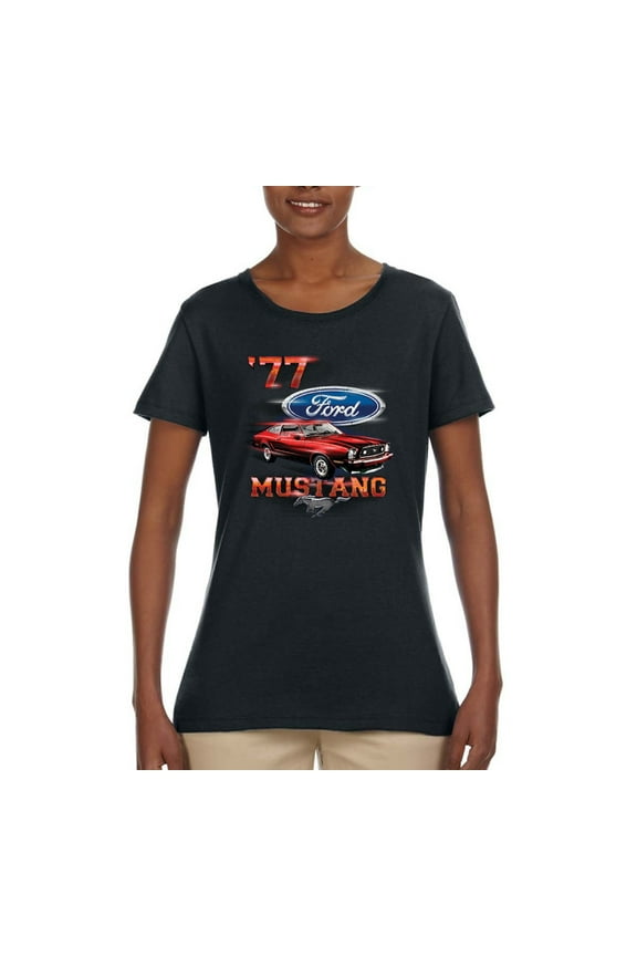 , 1977 Ford Motors 77 Mustang Silhouette, Cars and Trucks, Women Graphic Tee, Black, Small