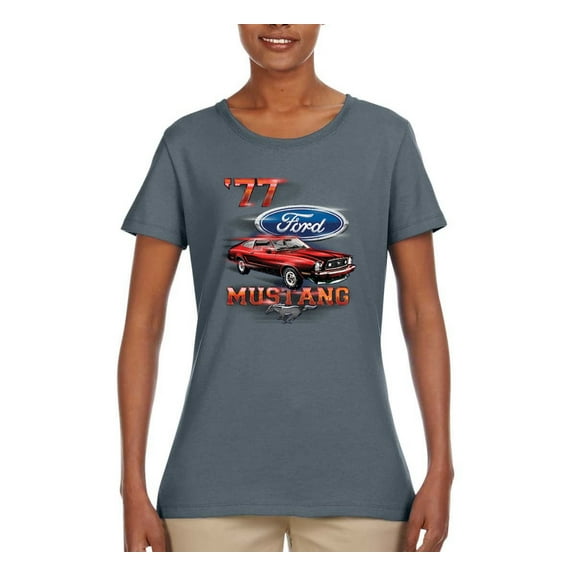 Wild Bobby, 1977 Ford Motors 77 Mustang Silhouette, Cars and Trucks, Women Graphic Tee, Charcoal, Medium