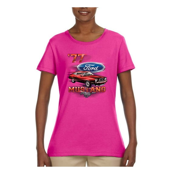 Wild Bobby, 1977 Ford Motors 77 Mustang Silhouette, Cars and Trucks, Women Graphic Tee, Fuschia, Small