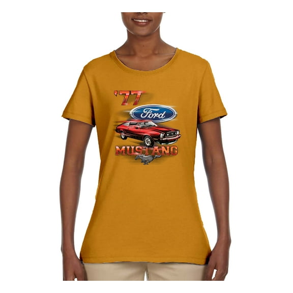 Wild Bobby, 1977 Ford Motors 77 Mustang Silhouette, Cars and Trucks, Women Graphic Tee, Gold, Large
