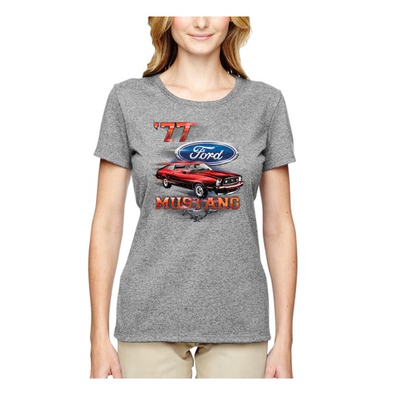 Wild Bobby, 1977 Ford Motors 77 Mustang Silhouette, Cars and Trucks, Women Graphic Tee, Heather Grey, Large