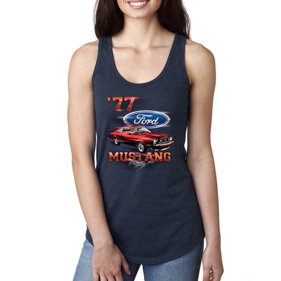 Wild Bobby, 1977 Ford Motors 77 Mustang Silhouette, Cars and Trucks, Women Racerback Tank Top, Navy, X-Large