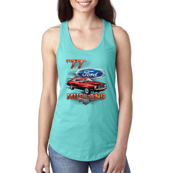 Wild Bobby, 1977 Ford Motors 77 Mustang Silhouette, Cars and Trucks, Women Racerback Tank Top, Tahiti Blue, Large