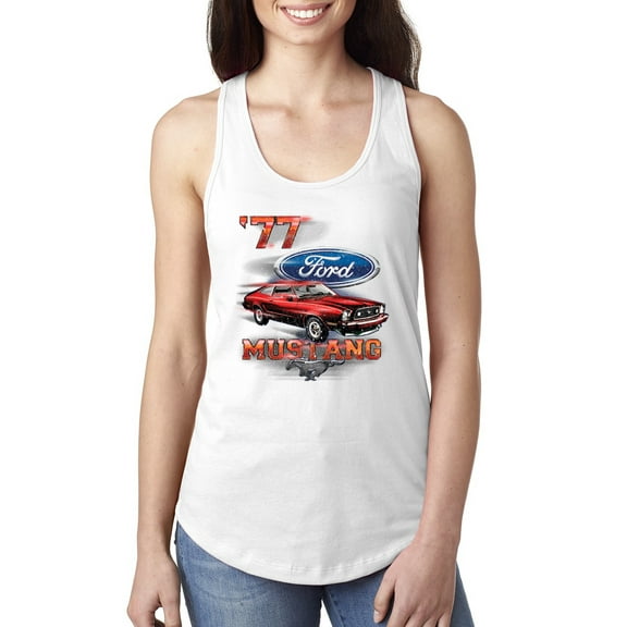 Wild Bobby, 1977 Ford Motors 77 Mustang Silhouette, Cars and Trucks, Women Racerback Tank Top, White, Large