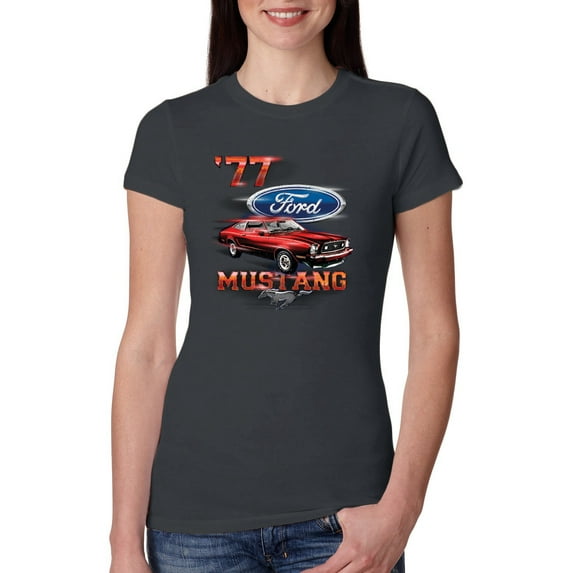 Wild Bobby, 1977 Ford Motors 77 Mustang Silhouette, Cars and Trucks, Women Slim Fit Junior Tee, Dark Grey, Small
