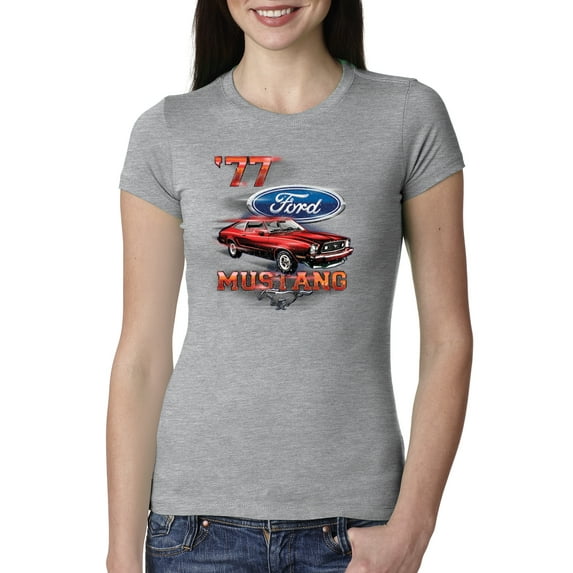 Wild Bobby, 1977 Ford Motors 77 Mustang Silhouette, Cars and Trucks, Women Slim Fit Junior Tee, Heather Grey, Small