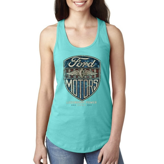 Wild Bobby, 1983 Vintage Distressed Ford Motors Legendary Power Cars and Trucks Ladies Racerback Tank Top, Tahiti Blue, Small