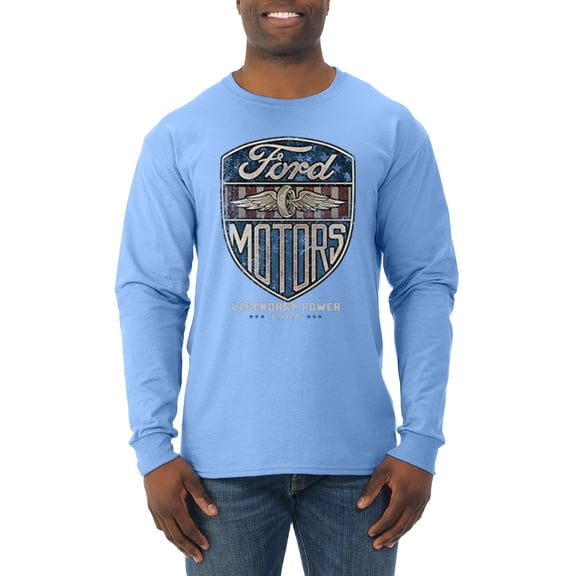 Wild Bobby, 1983 Vintage Distressed Ford Motors Legendary Power Cars and Trucks Mens Long Sleeve Shirt, Light Blue, Large