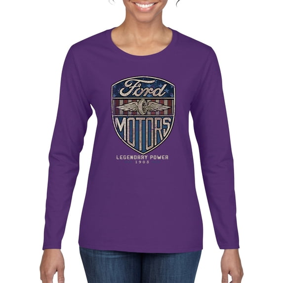 Wild Bobby, 1983 Vintage Distressed Ford Motors Legendary Power Cars and Trucks Womens Graphic Long Sleeve T-Shirt, Purple, Large