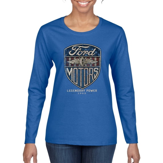Wild Bobby, 1983 Vintage Distressed Ford Motors Legendary Power Cars and Trucks Womens Graphic Long Sleeve T-Shirt, Royal, Large