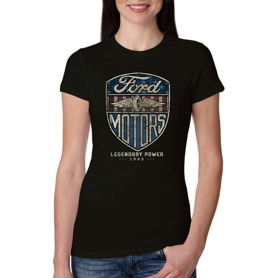 1983 Vintage Distressed Ford Motors Legendary Power Cars and Trucks Womens Slim Fit Junior Tee, Black, Large