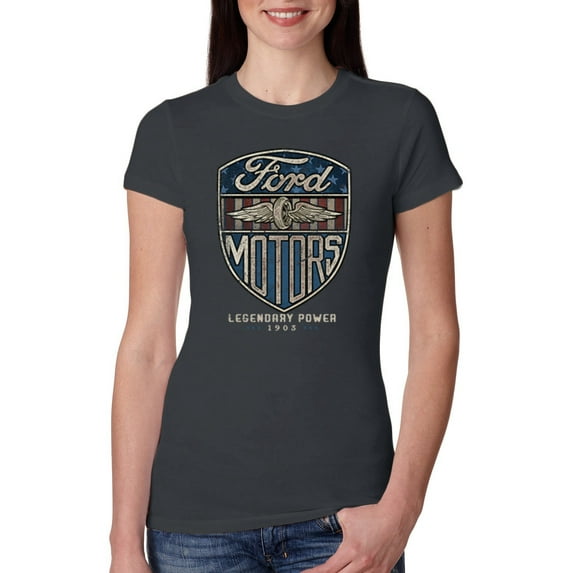 Wild Bobby, 1983 Vintage Distressed Ford Motors Legendary Power Cars and Trucks Womens Slim Fit Junior Tee, Dark Grey, Medium