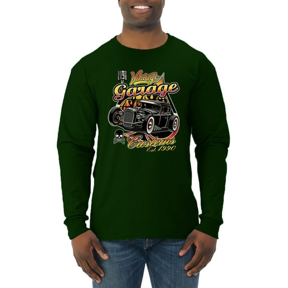 Wild Bobby, 1990 Vintage Garage Customs Hot Rod Classic Car Cars and Trucks Mens Long Sleeve Shirt, Forest Green, Small