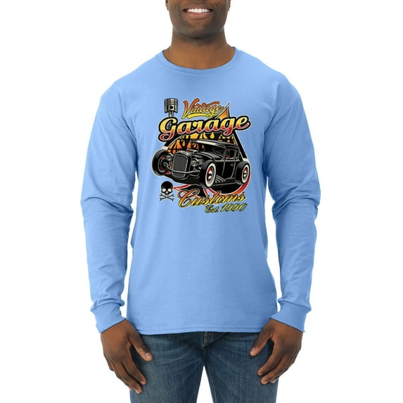 Wild Bobby, 1990 Vintage Garage Customs Hot Rod Classic Car Cars and Trucks Mens Long Sleeve Shirt, Light Blue, Large