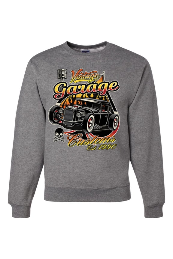 , 1990 Vintage Garage Customs Hot Rod Classic Car Cars and Trucks Unisex Crewneck Graphic Sweatshirt, Heather Grey, X-Large