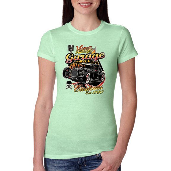 Wild Bobby, 1990 Vintage Garage Customs Hot Rod Classic Car Cars and Trucks Womens Slim Fit Junior Tee, Mint, Small