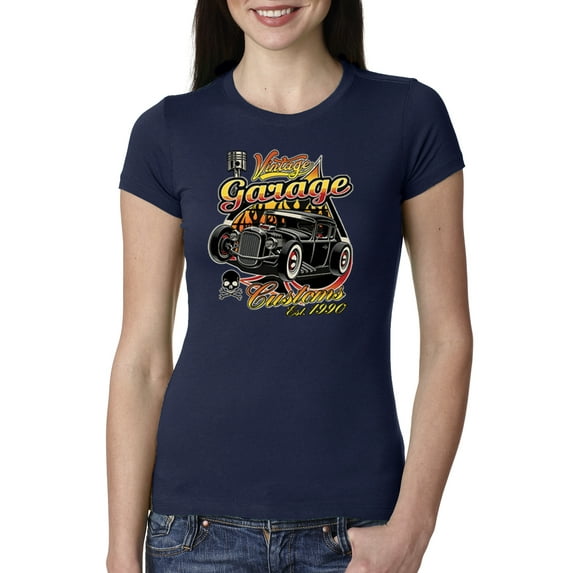 Wild Bobby, 1990 Vintage Garage Customs Hot Rod Classic Car Cars and Trucks Womens Slim Fit Junior Tee, Navy, Large