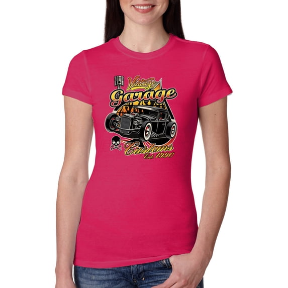 Wild Bobby, 1990 Vintage Garage Customs Hot Rod Classic Car Cars and Trucks Womens Slim Fit Junior Tee, Raspberry, 2XL