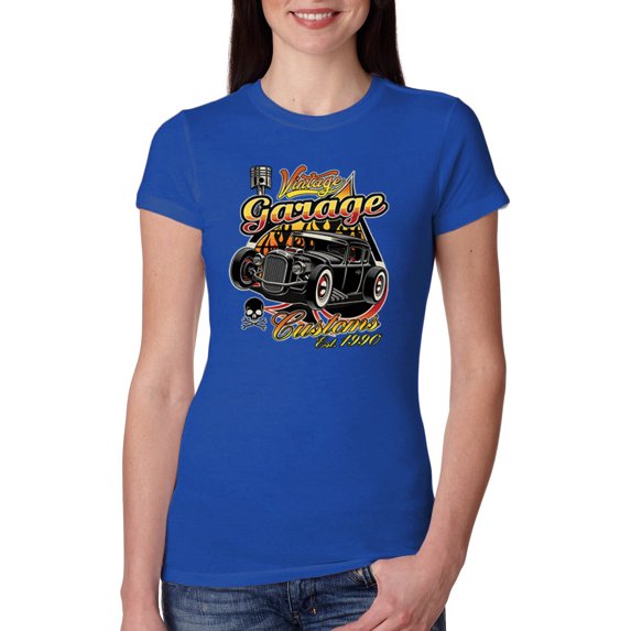 1990 Vintage Garage Customs Hot Rod Classic Car Cars and Trucks Womens Slim Fit Junior Tee, Royal, Large