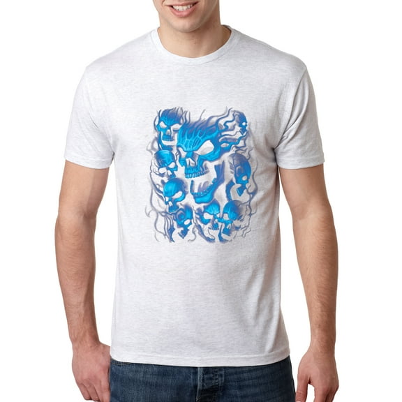 Wild Bobby, 3D Blue Skulls Trendy | Mens Fashion Premium Tri Blend T-Shirt, Heather White, Small