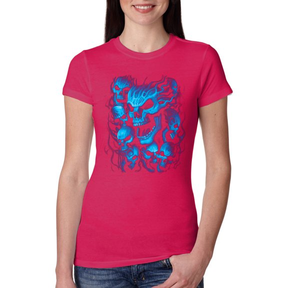 Wild Bobby, 3D Blue Skulls Trendy | Womens Fashion Junior Fit Tee, Raspberry, Large