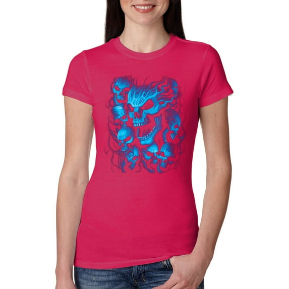 Wild Bobby, 3D Blue Skulls Trendy | Womens Fashion Junior Fit Tee, Raspberry, Medium