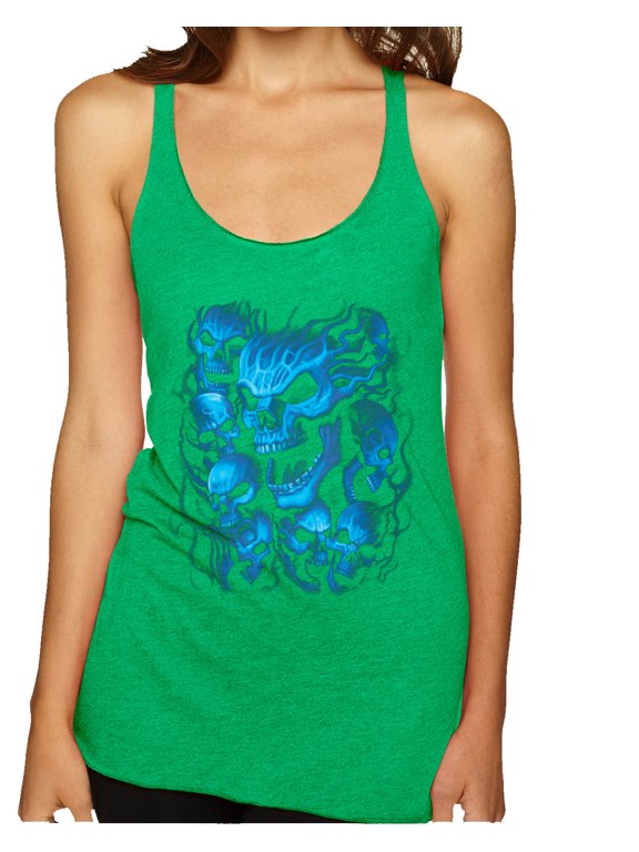 , 3D Blue Skulls Trendy | Womens Fashion Premium Tri-Blend Racerback Tank Top, Envy, Medium