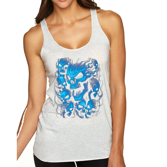Wild Bobby, 3D Blue Skulls Trendy | Womens Fashion Premium Tri-Blend Racerback Tank Top, Heather White, Small