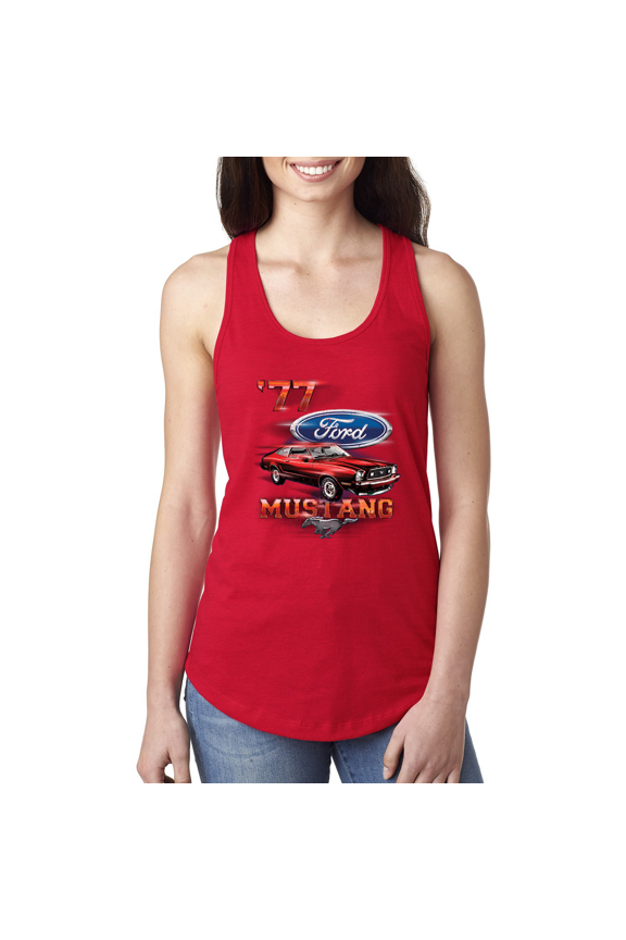 , 77 Ford Mustang Classic Red Hot Rod Classic Logo Cars and Trucks Ladies Racerback Tank Top