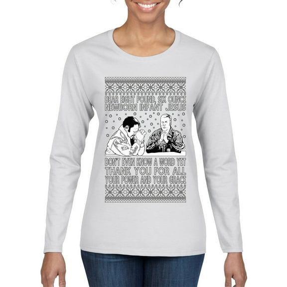 Wild Bobby 8 Pound 6 Ounce Baby Jesus Shake and Bake Women Graphic Long Sleeve T-Shirt, White, Small