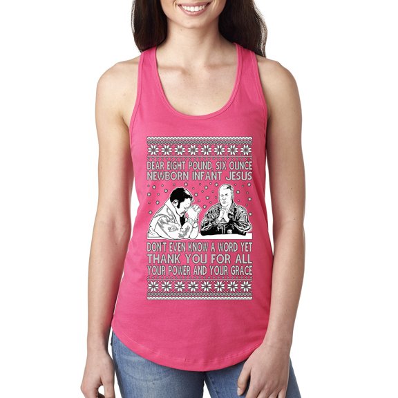 Wild Bobby 8 Pound 6 Ounce Baby Jesus Shake and Bake Women Racerback Tank Top, Hot Pink, Large