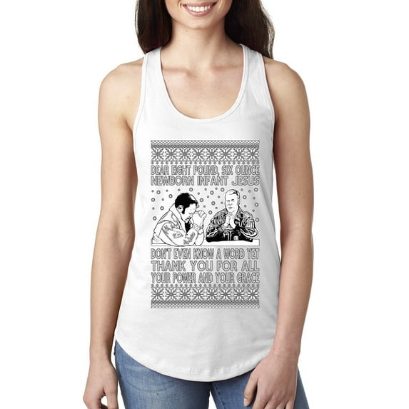 Wild Bobby 8 Pound 6 Ounce Baby Jesus Shake and Bake Women Racerback Tank Top, White, Large