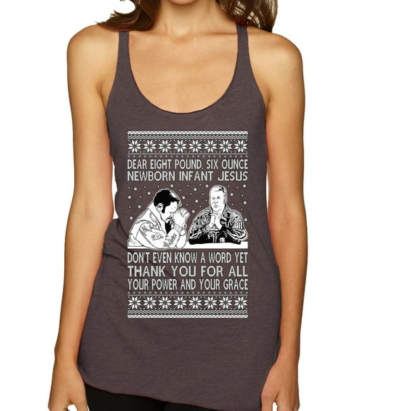 Wild Bobby 8 Pound 6 Ounce Baby Jesus Shake and Bake Women Tri-Blend Racerback Tank Top, Brown, X-Large